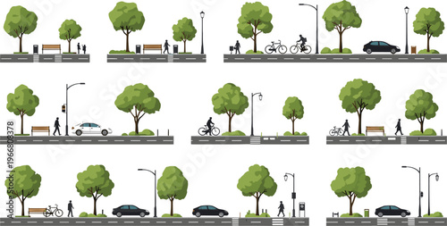 Urban Street Park Icon Set with Trees, Benches, Cars, Bicycles, Pedestrians, and Streetlights for City Landscape Designs