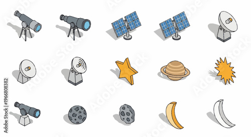 Collection of Space and Astronomy Icons in Isometric Style.