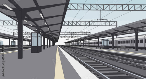 Modern Railway Station Platform with Train Tracks