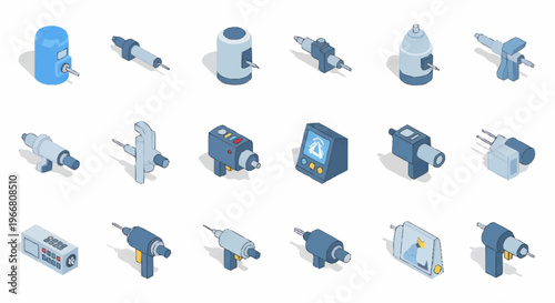 Collection of Isometric Industrial Tools and Equipment.
