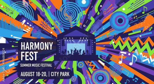 Harmony Fest Summer Music Festival Poster Design with Vibrant Abstract Background