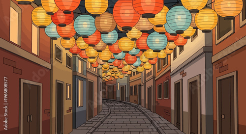Narrow Street Decorated with Colorful Paper Lanterns