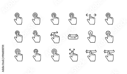 Minimal hand cursor icons set with click and touch gestures for app interface and web navigation vector