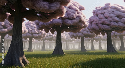 Stylized, fluffy trees in a whimsical, grassy forest landscape
