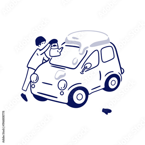 【乗り物】車の雪を常温の水で溶かす男性のイラスト素材
