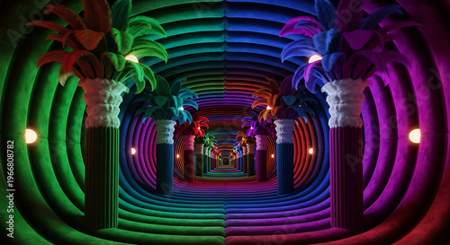 Vibrant, surreal tunnel with palm trees and glowing lights