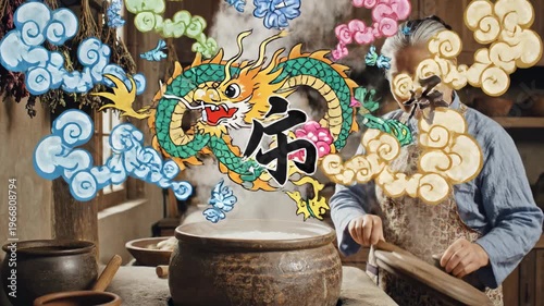 Chinese new year animation with traditional cooking pot featuring dragon and festive animated graphics depicting asian culture