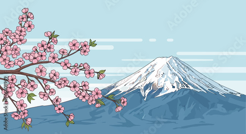 Mount Fuji and Cherry Blossom Branch Illustration