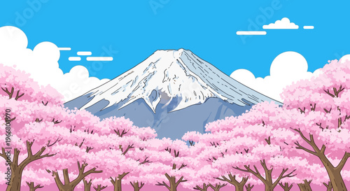 Pixel Art Mount Fuji with Cherry Blossoms Landscape