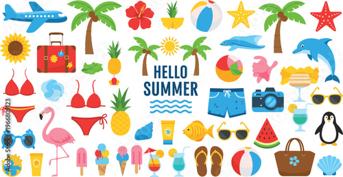 A vibrant colorful collection of summery icons and illustrations including tropical fruits beachwear and cheerful ocean life high quality professional detailed modern elegant