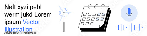Scheduling, renewable energy, voice technology, data management, smart communication, eco-friendly concepts. Calendar, wind turbine and microphone with sound waves. Scheduling and renewable energy