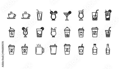 Minimal beverage icon set coffee juice cocktail smoothie bubble tea line icons vector isolated on white background