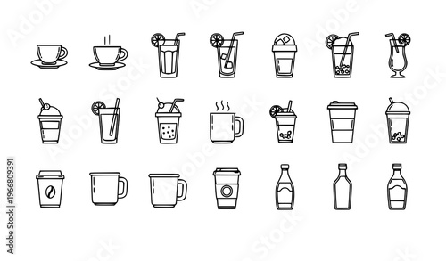 Modern beverage outline icons coffee cocktail smoothie bubble tea drink set editable stroke vector isolated on white