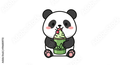 Cute panda eating green ice cream outdoors happily