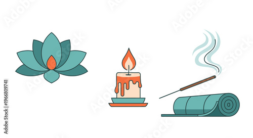 Yoga mat, lotus flower, candle, and incense for meditation practice indoors.