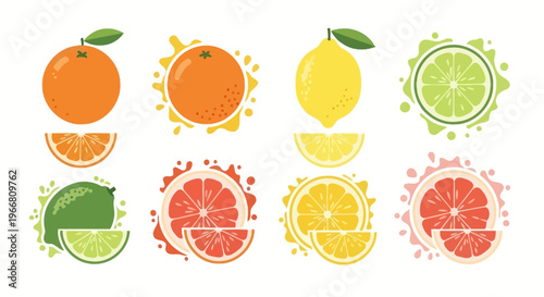 Colorful illustrations of sliced citrus fruits on white background for design