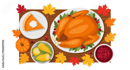 A traditional Thanksgiving meal with roasted turkey, pumpkin pie, corn, and cranberry sauce on a wooden table.