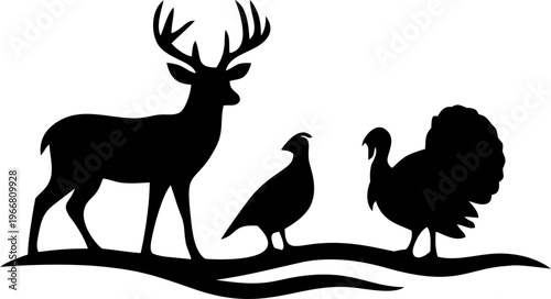 Illustration of deer, turkeys, and quail on the riverbank