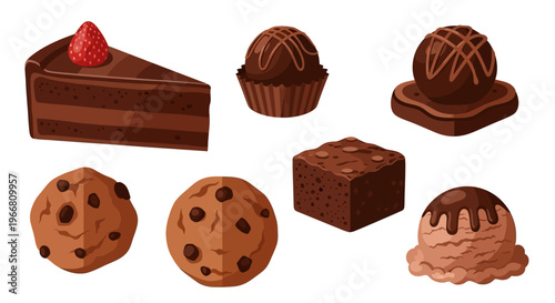 Assorted chocolate desserts on a white background