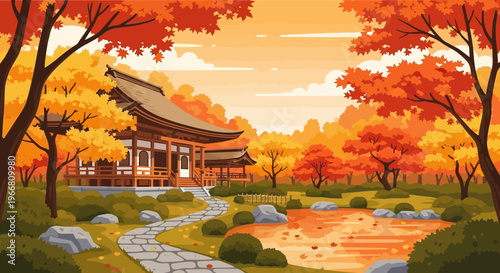Traditional Japanese Temple in Beautiful Autumn Garden