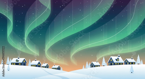 Winter Village Landscape with Vibrant Northern Lights Aurora Borealis
