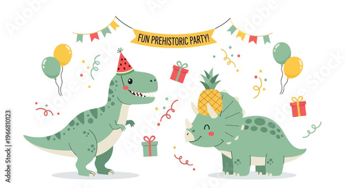 Dinosaurs celebrate a prehistoric party with balloons and gifts.