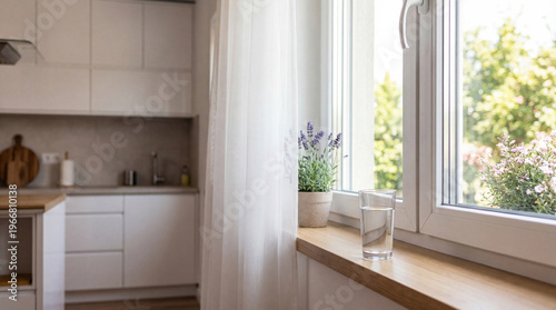 Modern kitchen interior with a glass of water and lavender plant on a wooden windowsill by a bright window.