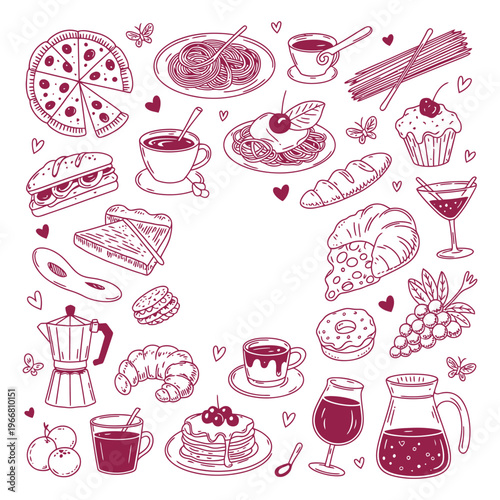 Doodle style food and drink elements collection featuring pizza pasta coffee croissant and desserts on transparent background.