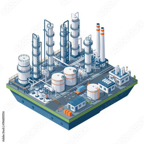 Isometric illustration of a complex industrial oil refinery with distillation towers, storage tanks, and processing units.