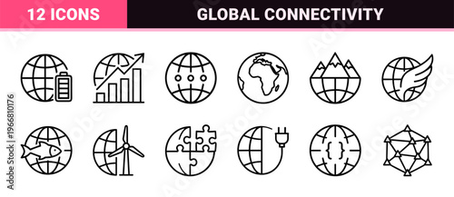 Minimalist monoline globe and international business icon set featuring geometric earth symbols for global logistics and finance.
