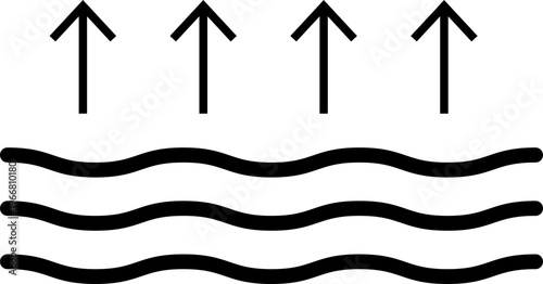 Water evaporation and liquid surface icon. Vector graphic symbol showing rising vapor from wavy water lines, ideal for environmental science, meteorology, and water cycle illustration.