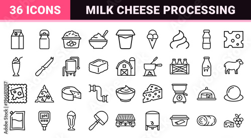Dairy Products and Milk Industry Thin Line Art Outline Symbols for Food Packaging Design and Commercial Wholesale Grocery Retail Graphics