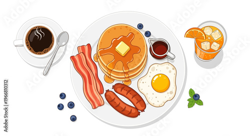 Delicious breakfast plate with pancakes bacon eggs and sausages on a table