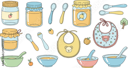 Baby Food Essentials Set Featuring Jars, Bowls, Spoons, and Bibs for Infants and Toddlers