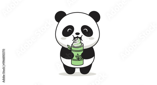 A cute panda eats ice cream from a green cup on a sunny day outdoors.