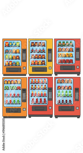 Set of Colorful Vending Machines with Snacks and Drinks
