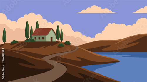 Minimalist vector landscape of a rural house on a hill by a lake.