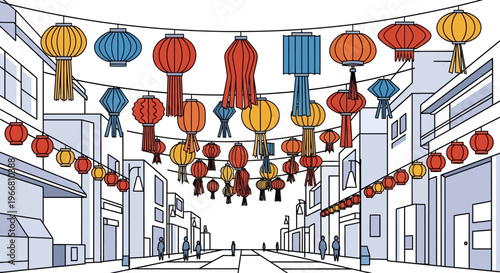 Street Decorated with Colorful Traditional Chinese Lanterns