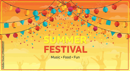 Summer Festival Celebration Banner with Hanging Lanterns and Confetti