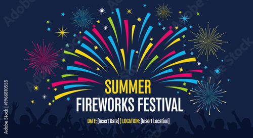 Summer Fireworks Festival Event Poster Template with Crowd Silhouette