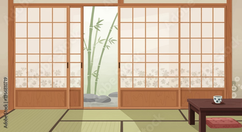 Traditional Japanese Room Interior with Shoji Sliding Doors and Bamboo Garden View
