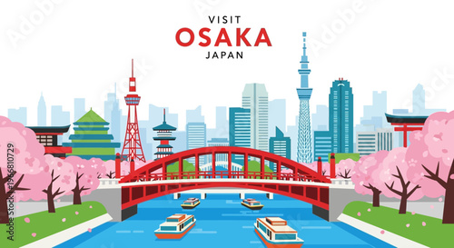 Visit Osaka Japan Travel Illustration with Cherry Blossoms and City Skyline