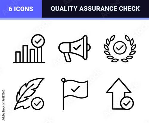 Minimalist monoline validation symbols and approval line art for digital interface design and quality assurance certification branding.