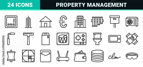 Real Estate and Property Technology Monoline Icons for Residential Listings Commercial Brokerage and Smart Home Management Modern UI Design.