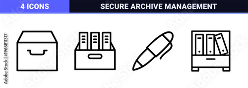 Document Archive and Data Management Monoline Geometric Outline Icons for Professional Office Administration and Digital Filing Systems.