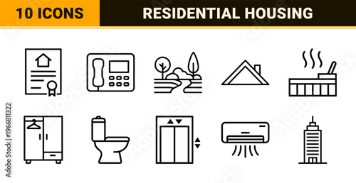 Minimalist monoline real estate and property management line art symbols for commercial housing and residential architecture documentation.