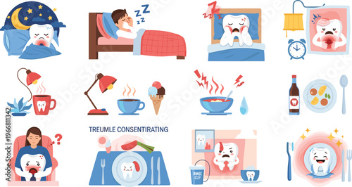 Toothache and Tooth Sensitivity Icon Set with Sleep, Cold, Hot Food, and Relief Remedies for Oral Discomfort.