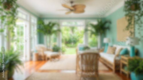 Bright Tropical Sunlit Living Room with Green Walls and Indoor Plants
