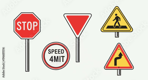 Collection of traffic signs including stop, speed limit, yield, pedestrian crossing, and curve ahead