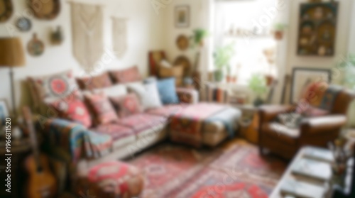 Cozy Bohemian Living Room with Colorful Cushions and Plants